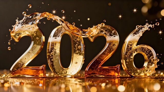 Golden year 2026 design with liquid splash on black reflective surface