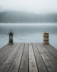 Fototapeta premium Serene Wooden Pier with Lantern and Rope on a Foggy Lake Morning