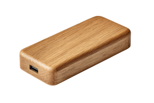 Rectangular wooden power bank with U S B port on black background portable, Png, Isolated on Transparent Background, Cut Out