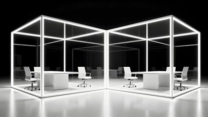 Modern workspace design with illuminated office pods and minimalist furniture