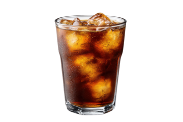 Glass of dark cola beverage with ice cubes and condensation on black background drink refreshment, Png, Isolated on Transparent Background, Cut Out