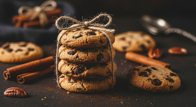 Artisanal Chocolate Chip Cookies Stacked with Rustic Charm: A Delicious Display of Homemade Treats Tied with Twine, Perfect for Gourmet Indulgence and Sweet Dessert Presentation - Powered by Adobe