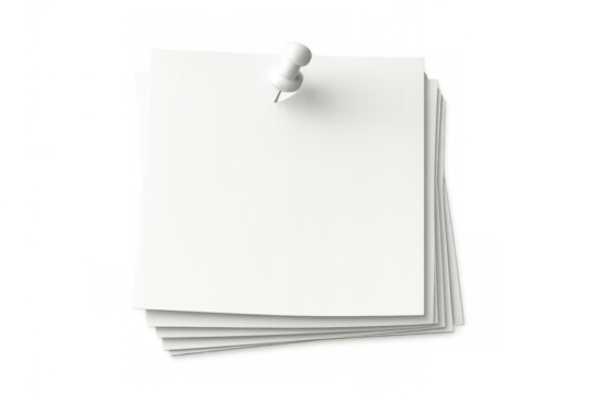 Stack of blank white note papers with pushpin, creating a reminder or organization concept on transparent background