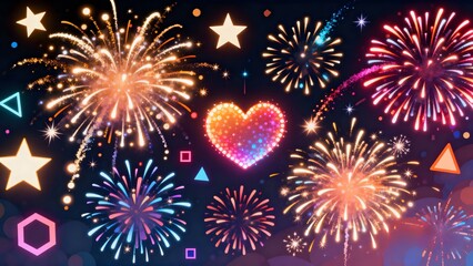 Colorful fireworks with stars and heart shapes on dark sky background