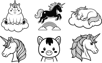 Obraz premium Cute black and white unicorn and pig vector set with cartoon style, fantasy theme, cloud, rainbow, horn, and playful expressions