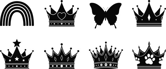 Crown and rainbow silhouette vector set featuring royal symbols, decorative icons, butterfly, heart, star, diamond, and paw print © anisur-creatives