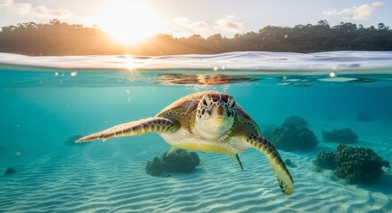 Obraz premium Sea Turtle Swimming in Tropical Ocean Water, Underwater View, Sunlight Rays