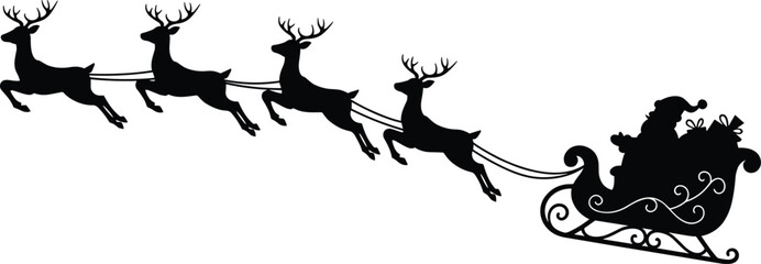 Santa Claus riding sleigh pulled by flying reindeer silhouette, Christmas holiday vector illustration, festive winter season design for greeting cards, decor and celebration themes © Shahajan