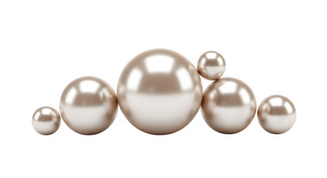 A collection of lustrous silver and white pearls of varying sizes arranged in a gentle curve isolated on transparent background