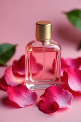 Delicate rose petals scattered around perfume bottle , spa, composition, macro