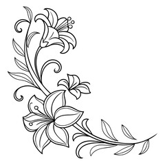 Graceful floral corner design isolated on showcasing lilies, with flowing stems and leaves, ideal for adding a touch of elegance to any creative project