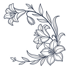 Graceful lily flower corner design isolated on showcasing elegant lilies, slender leaves, and curved stems, ideal for adding a touch of sophistication to any project