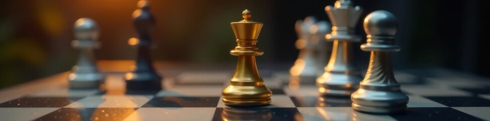 Golden king chess piece dominates silver opponents on chessboard , powerful, victory, power