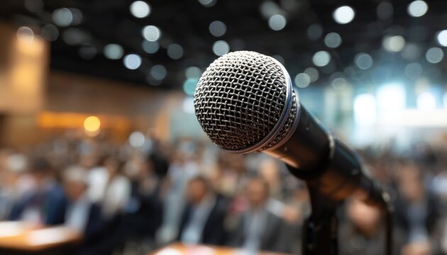 a microphone in front of an audience at the business conference, blurred background with people during a presentation or book signing. High quality