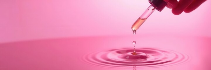 Pink background, close-up dropper dispensing serum, water ripples , cosmetic product, drops, aesthetic