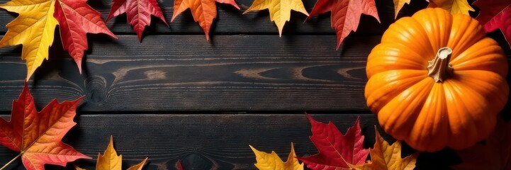 Scattered autumn leaves frame pumpkin on dark wood Thanksgiving background , thanksgiving, element