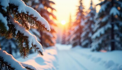 Snowy wonderland, golden light bokeh, panoramic winter scene, lights, frosty, background