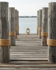 Fototapeta premium Wooden pier with nautical posts and a vintage lantern overlooking a serene lake view