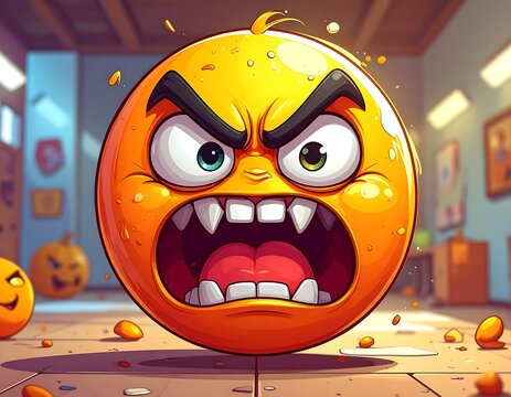 A cartoonish, angry orange sphere with sharp teeth, furrowed brows, and exaggerated facial expressions, placed in a room