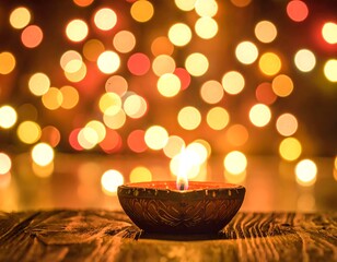 A close-up shot of a lit earthenware oil lamp on a wooden surface with a blurred background of warm, circular lights