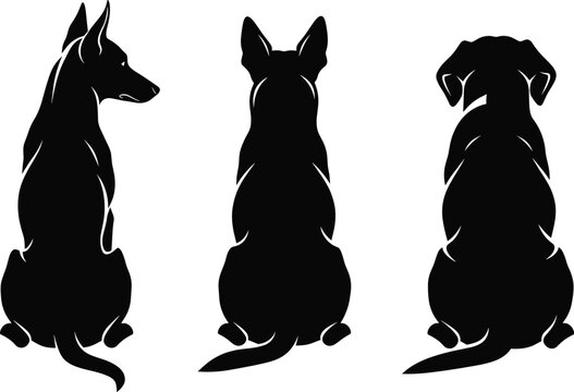 Dog silhouette set showing three sitting breeds from back view with black vector style for pet design, logo, and decoration