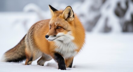 Fototapeta premium Red Fox Walking in Snowy Winter Landscape, Wildlife Photography