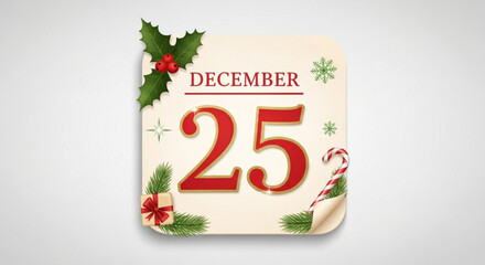 Festive december 25th christmas calendar icon isolated on, adorned with holly, candy cane, and a gift, marking the special holiday date