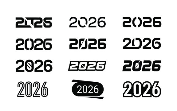 Collection of diverse stylized 2026 year numbers in black and white for graphic design and celebration