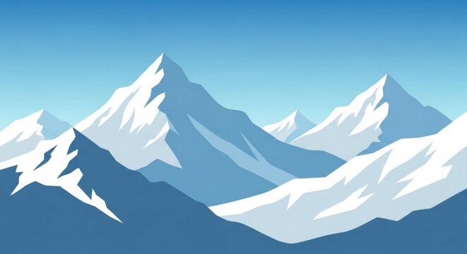 Majestic mountain range under a clear blue sky, a serene landscape of snowcapped peaks and rugged terrain, perfect for outdoor adventure and nature enthusiasts