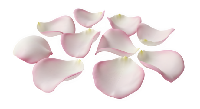 A delicate scattering of pale pink rose petals arranged in a natural cluster isolated on transparent background