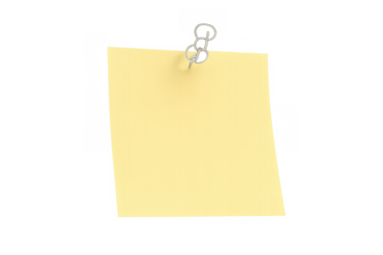 Blank yellow sticky note paper pinned, empty reminder for important message or important information, transparent background