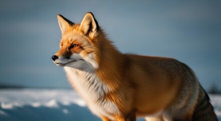 Fototapeta premium Red Fox in Snowy Winter Landscape, Golden Hour Light, Wildlife Photography