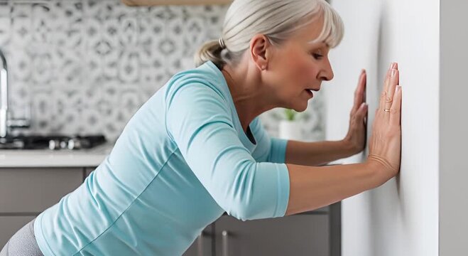 Mature woman with grey hair performing wall push-ups at home for a healthy lifestyle. Active senior citizen exercising - Powered by Adobe