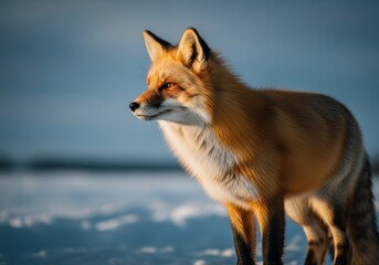 Fototapeta premium Red Fox Standing in Snowy Landscape, Winter Wildlife Portrait