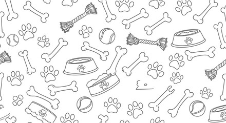 Seamless Dog Pet Pattern Vector &ndash; Black and White Paw Bone Bowl Outline