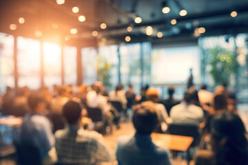 Blurred image of education people and business people sitting in conference room for profession seminar and the speaker is presenting new technology and idea sharing with the content activity.