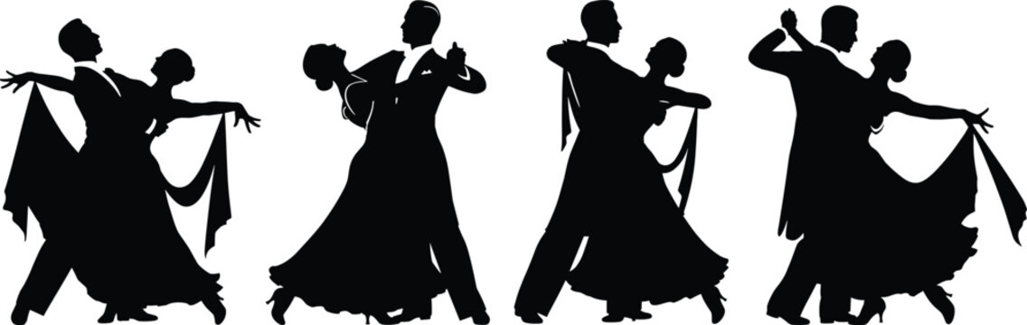 Elegant ballroom dancing couple silhouettes in formal attire performing tango, waltz, and classic poses for lifestyle, romance, and celebration themes