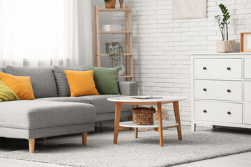 Interior of living room with sofa and chest of drawers near white wall