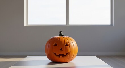 A smiling carved jack-o'-lantern pumpkin on a white table in front of a bright window
