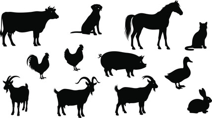 Farm and domestic animal silhouette set including cow, horse, dog, cat, goat, pig, duck, rabbit, rooster vector collection