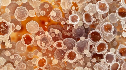 Magnified pathology view of bone marrow sample showing abnormal cell growth representing leukemia diagnosis, hematology research, and medical oncology concept.