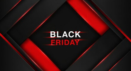 Black friday text with red and black abstract geometric shapes background for promotional sale event design