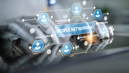 Close-up of hands interacting with futuristic digital icons representing community, networking, and mentorship, highlighting modern professional relationships and collaboration. Tessel