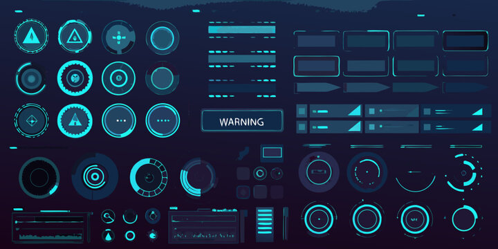 Futuristic digital interface elements with warning signs and circular gauges in blue and teal