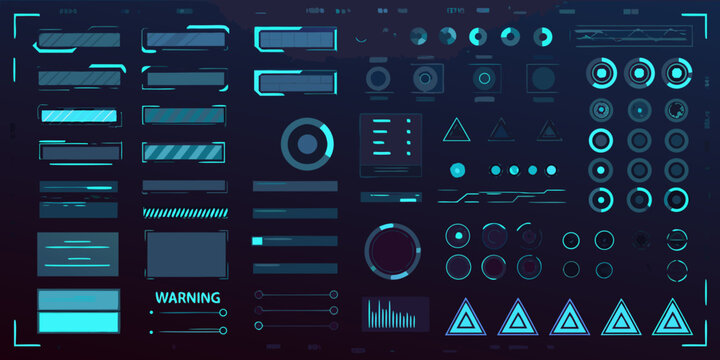 Futuristic user interface elements and sci fi hud display graphics with neon blue accents on dark background