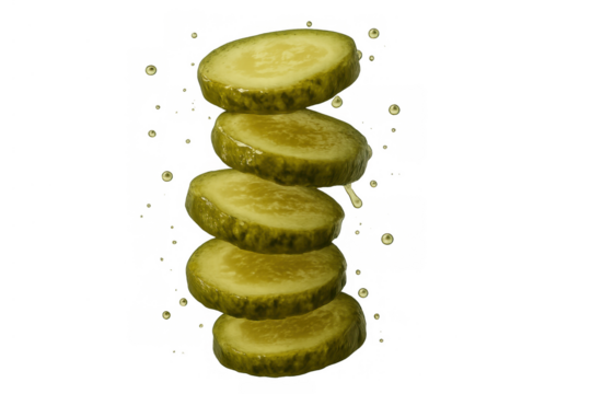 Slices of pickled cucumber stacked vertically with drops of brine, adding a fresh and appetizing element, on transparent background