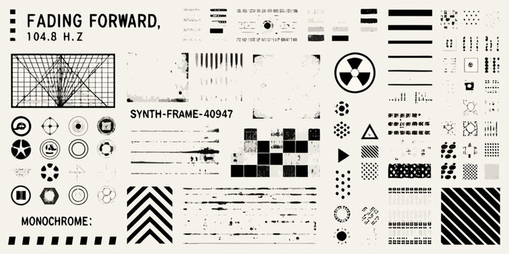 Retro futuristic abstract collage of graphic elements and textures with a monochrome aesthetic
