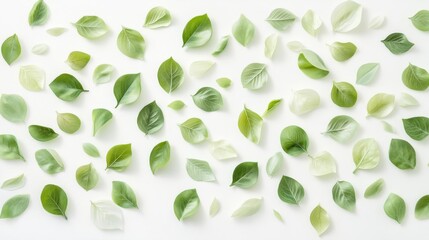 4.A soft and airy pattern of bright green spring leaves scattered across a white canvas, with each leaf differing in shape and size, creating a harmonious and peaceful design. The fresh green hues