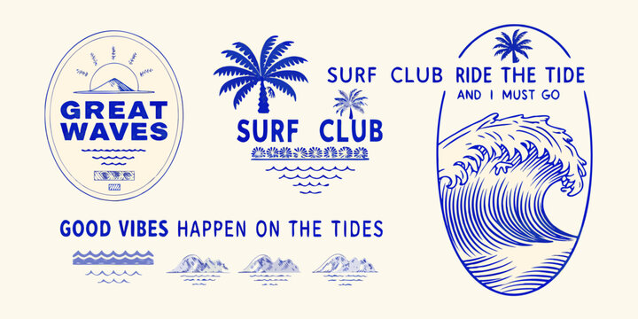 Collection of vintage style surf club emblems and graphics with ocean waves palm trees and mountains