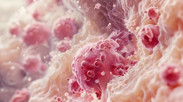 Magnified pathology view of bone marrow sample showing abnormal cell growth representing leukemia diagnosis, hematology research, and medical oncology concept.